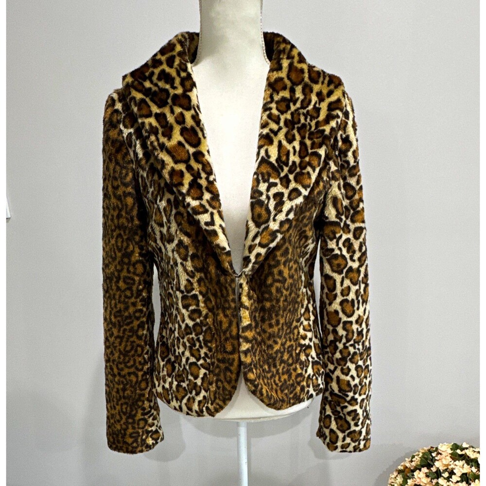 Tulle Leopard Animal Print Lined Short Jacket Hook & Eye Closure Womens M